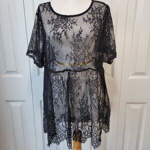 SHEIN Curve Black Lace Short Sleeve Peplum Sheer Layering Top Swim Cover-Up 4X
